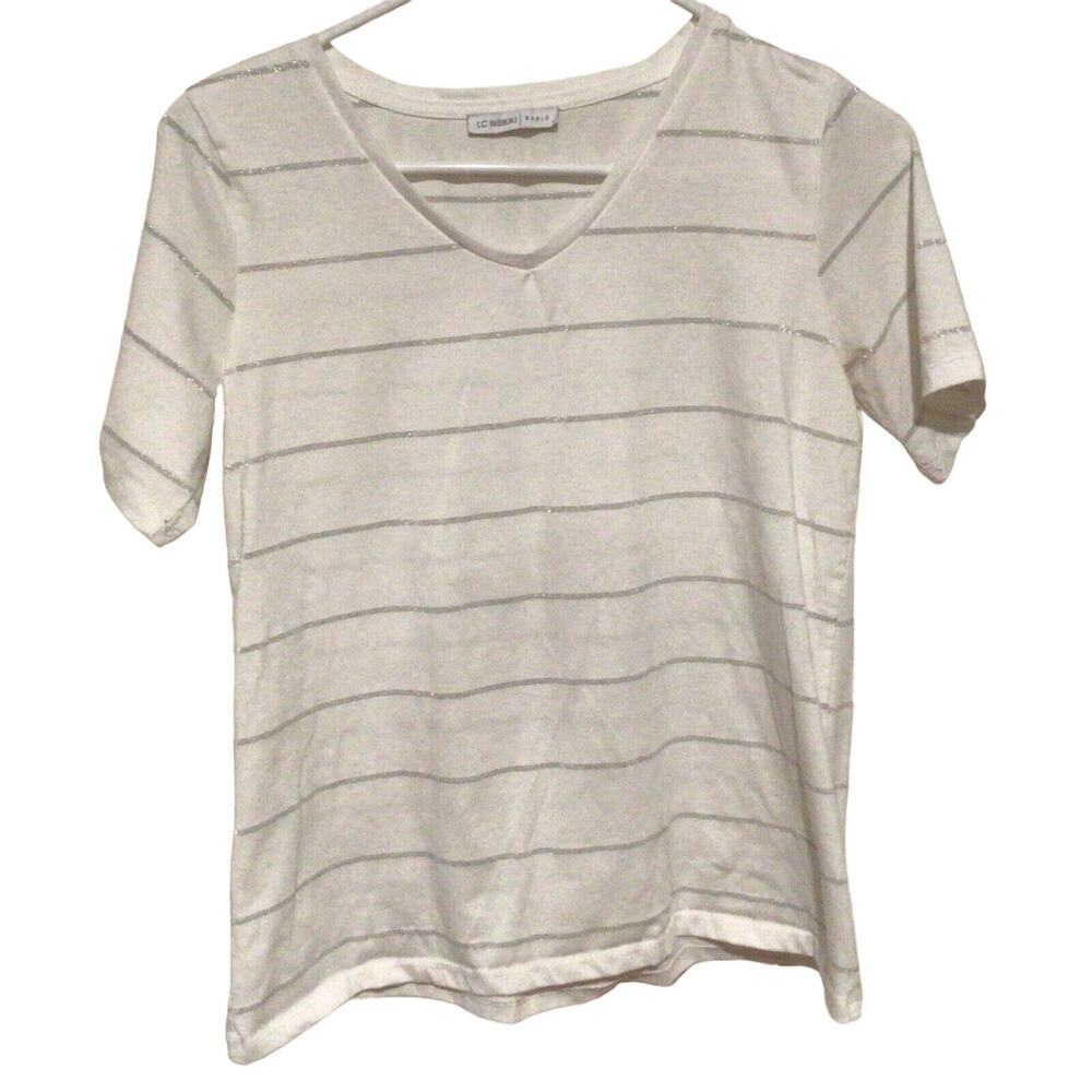 LC Waikiki Basic Women’s White Silver Striped Short Sleeve T-Shirt Size M